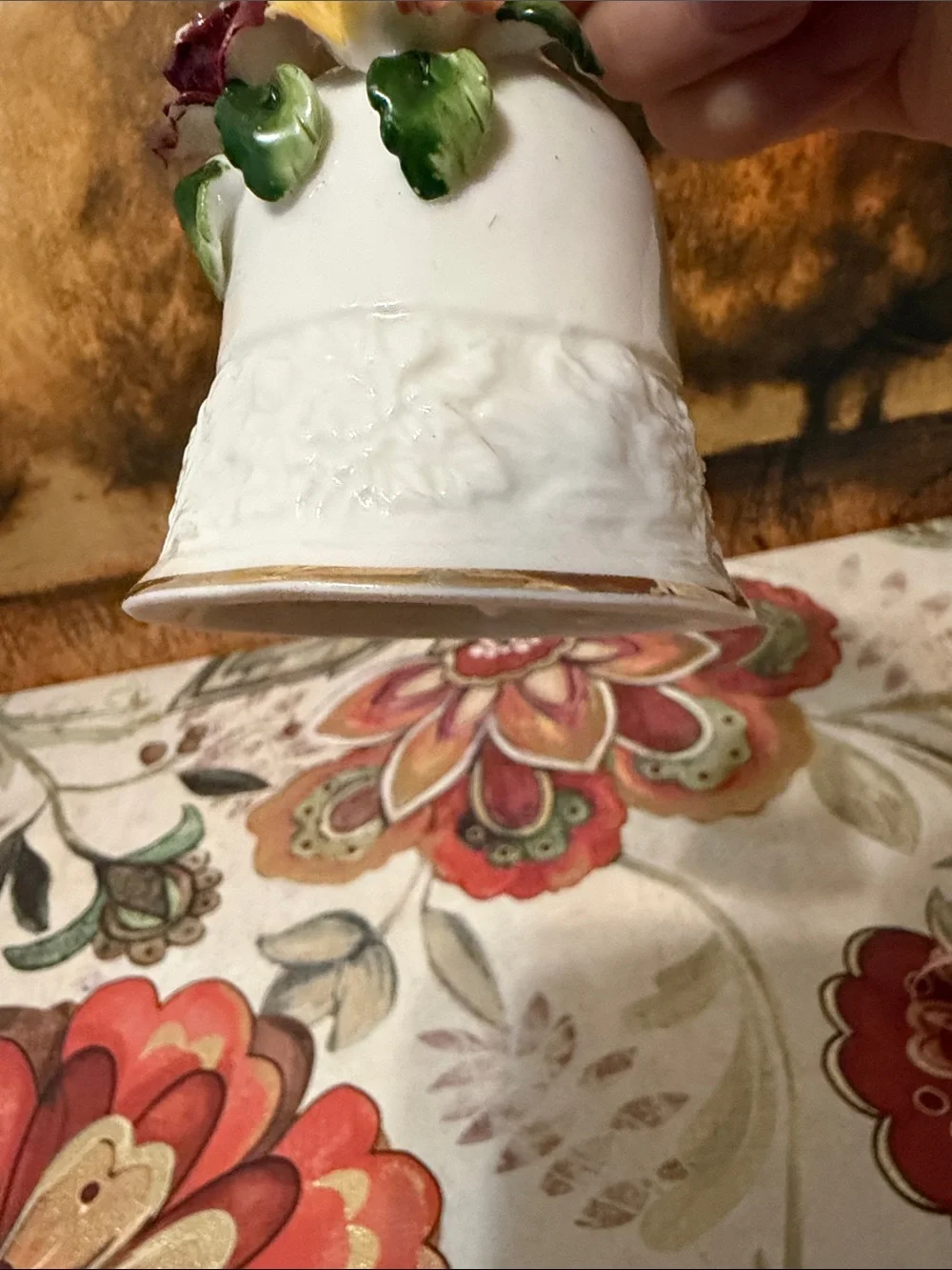 Porcelain Floral Bell - White with Pink, Burgundy & Yellow Roses